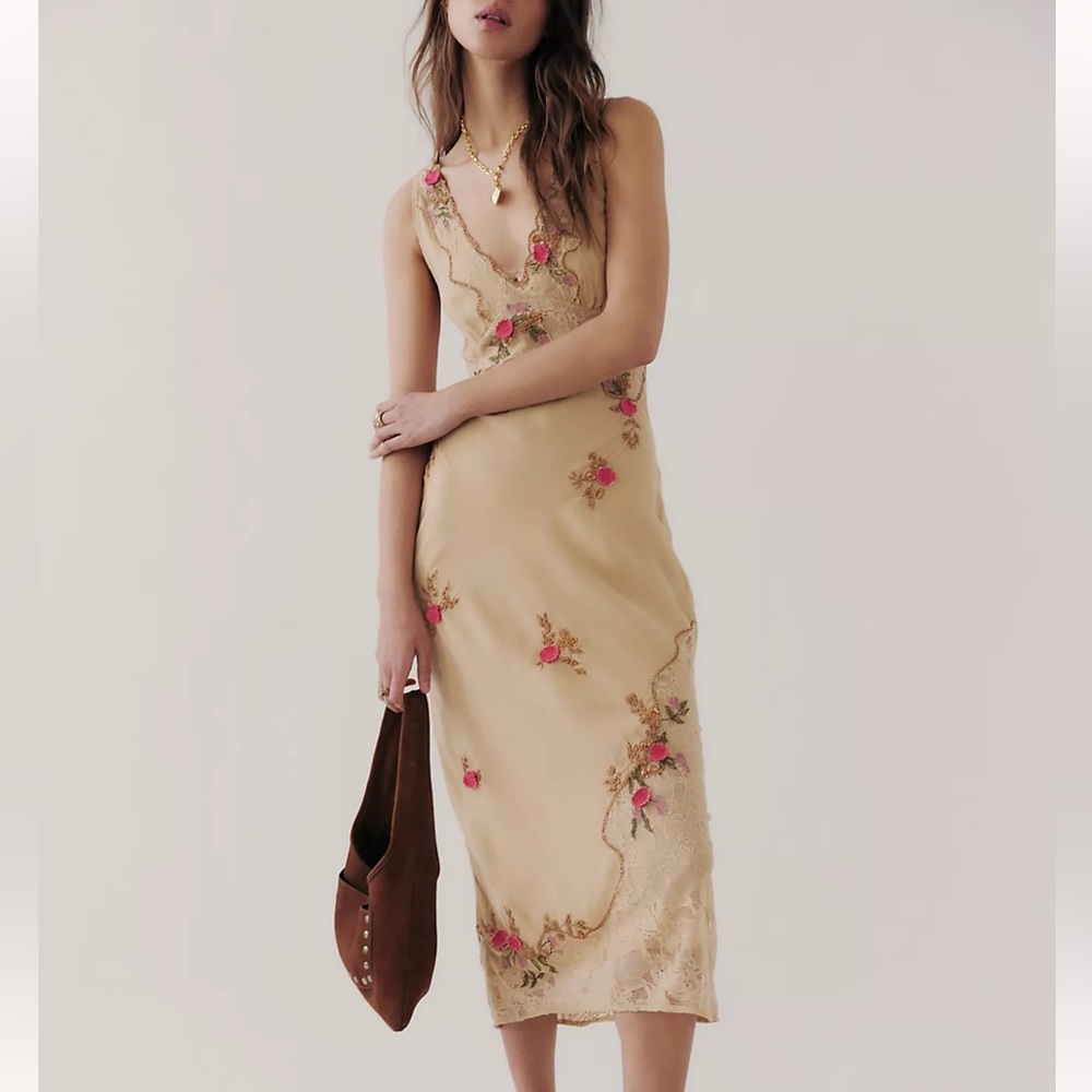 Floral Embroidered Beige Meet Again Midi Dress